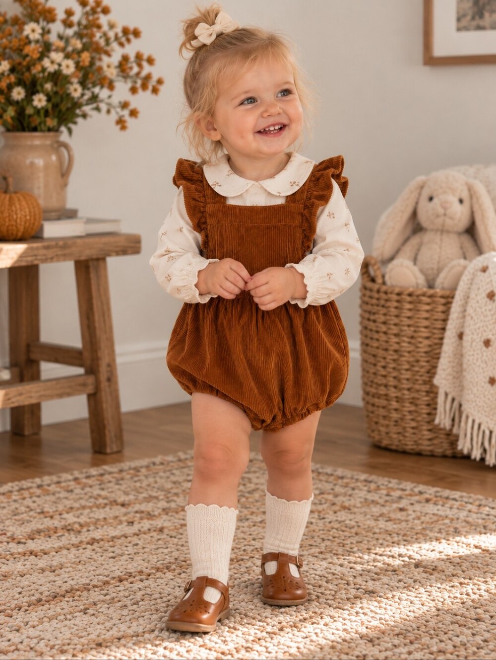 Old Navy Baby Corduroy Bubble Romper 18-24M Brown Ruffle Overalls Cottagecore